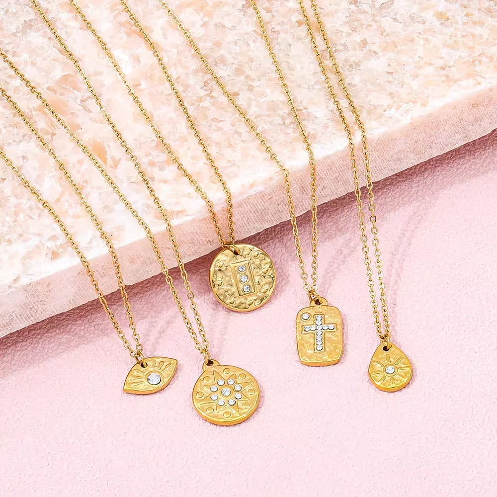 Joolim 18K Gold Plated Stainless Steel Pendant Necklace Cross Eye Waterdrop Star Coin Zircon Trendy Link Chain Fashion Jewelry