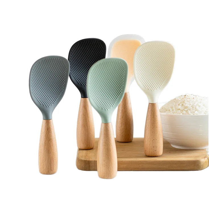 Silicone Rice Spoon and Wooden Paddle Spatula Non-Stick Tablespoon Shovel Cooking Kitchen Utensils Set Turners Type Rice Spoon