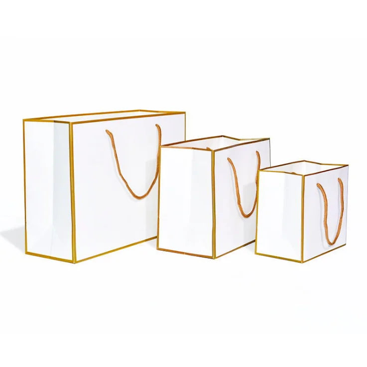 Biodegradable Art Paper Jewelry Packaging Bags with Drawstring Closure Gold and White Colors Custom Printed Logo