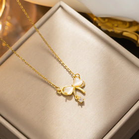 Jachon Bow Stainless Steel Crystal Statement Necklace Luxury Love Cat's Eye Pendant Necklace for Women Fine Jewelry Necklaces