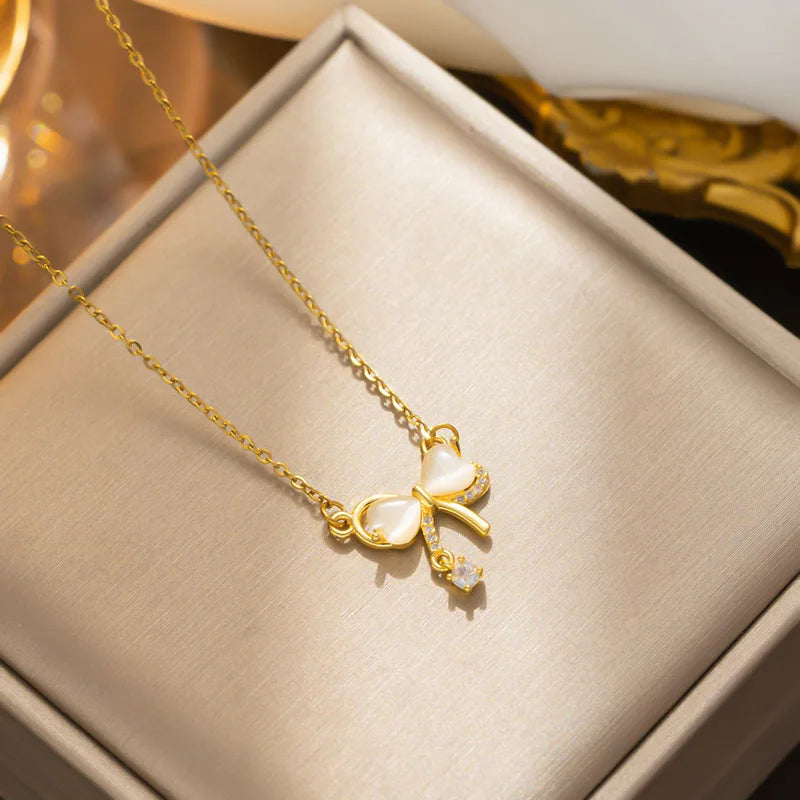 Jachon Bow Stainless Steel Crystal Statement Necklace Luxury Love Cat's Eye Pendant Necklace for Women Fine Jewelry Necklaces