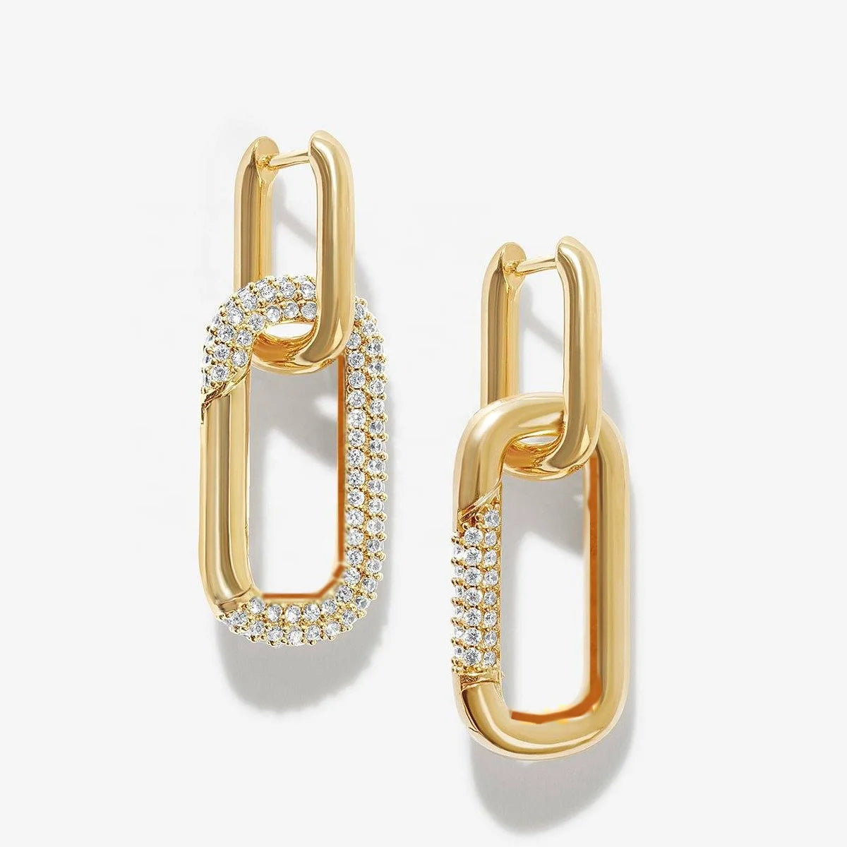 LOZRUNVE 925 Sterling Silver Gold Hiphop Pave CZ Rectangle Linked Drop Chunky Oval Hoop Earrings