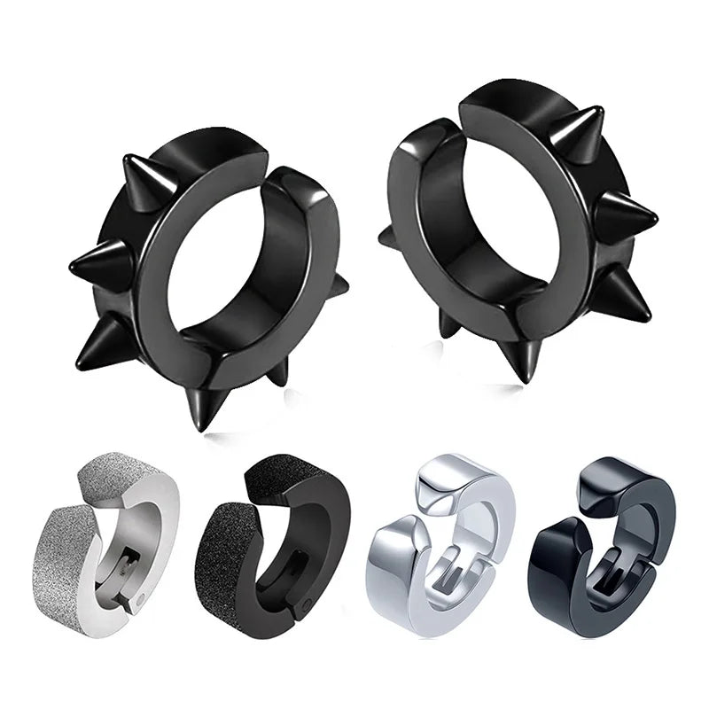 Black Silver 2024 Plain Circle Thick Cuff Wide Non Pierced Ear Mens Stainless Steel Jewelry Design Hoop Earrings for Decoration