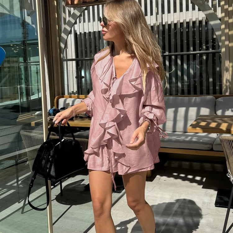 Factory Wholesale Casual Trendy Wear Ruffle Blouse Suit 2025 Summer Women's Clothes 2 Piece Shorts Set For Women