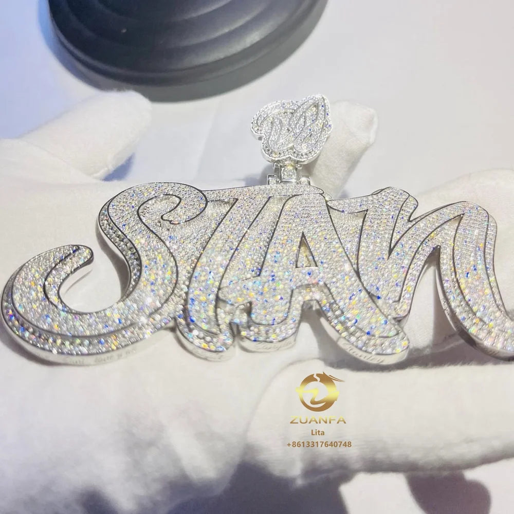 Hip Hop Jewelry Bling Moissanite Diamond Personal Solid Silver Man Made Long Custom Name Iced Out Pendant