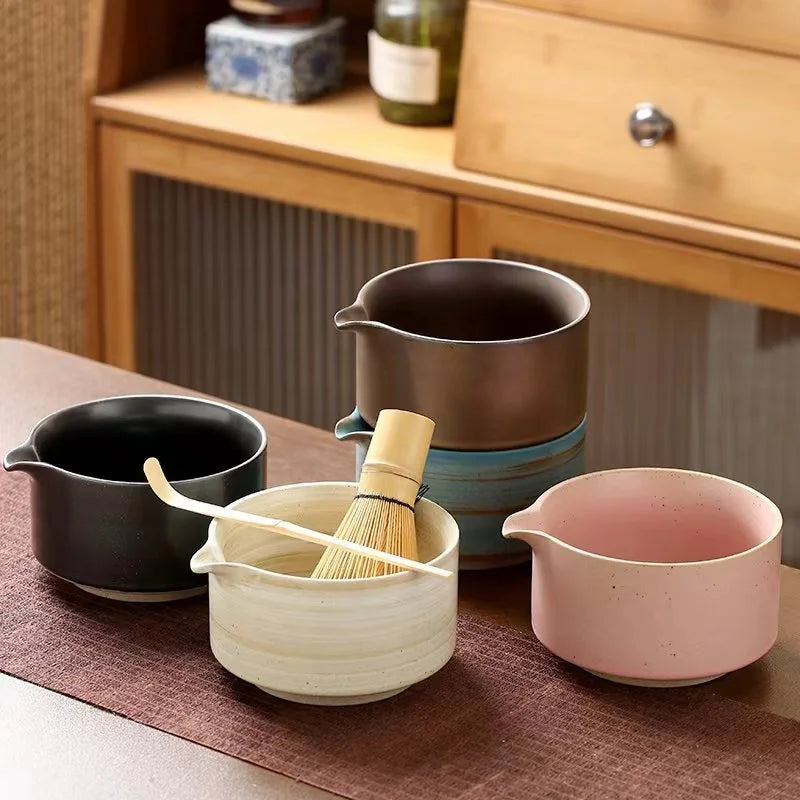 Japanese Style Vintage Pottery Chawan with Spout Matcha Whisk Holder Set Matcha Traditional Porcelain Tea Bowl and Chasen