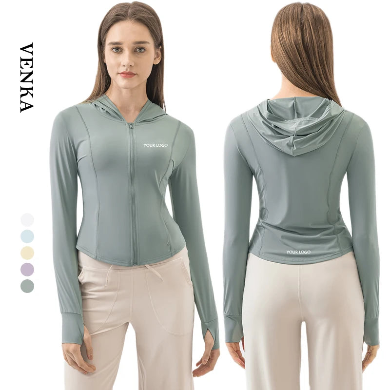 Women's Full Zip-up Gym Fitness Long Sleeve Sport Clothing Running Yoga Ladies Jacket Hoodies With Thumb Holes and Pockets