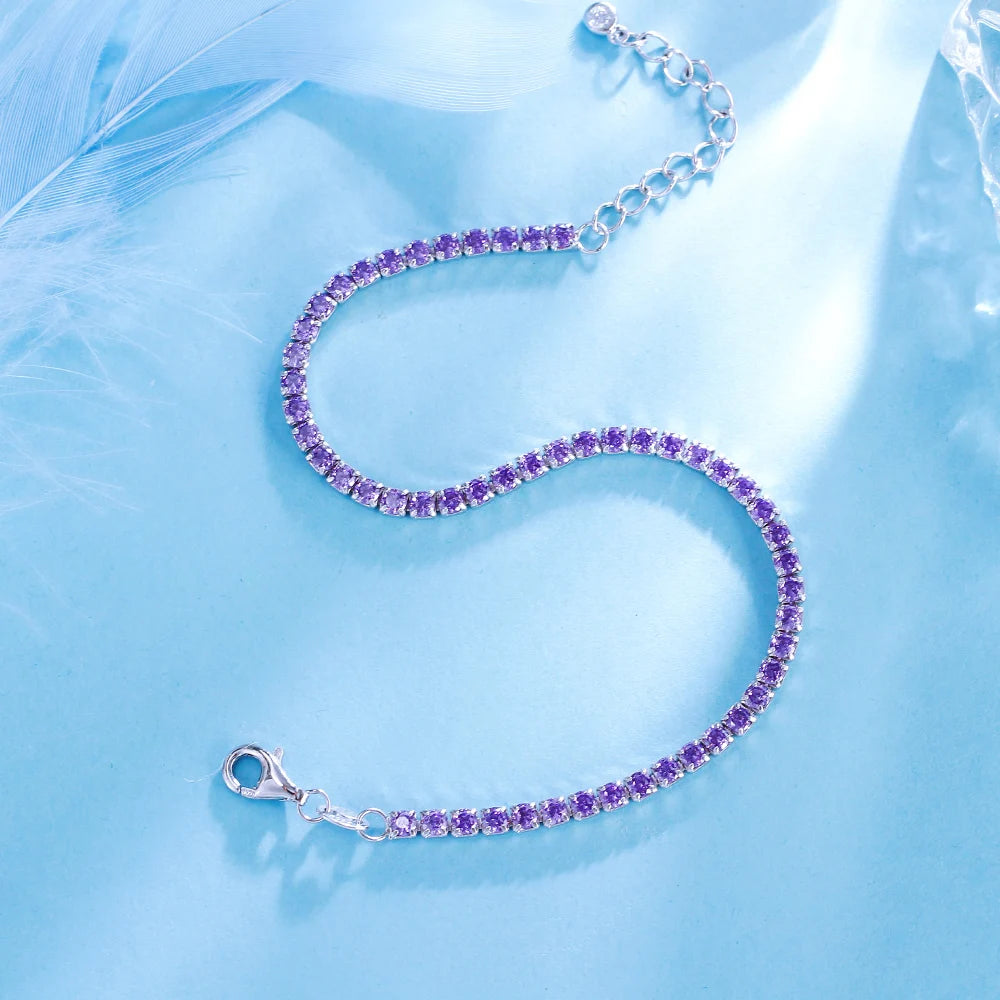 Elegant Jewelry Cubic Zirconia Rhodium Plated S925 Sterling Silver Wedding Party Purple Round 2.5mm Tennis Bracelet for Women