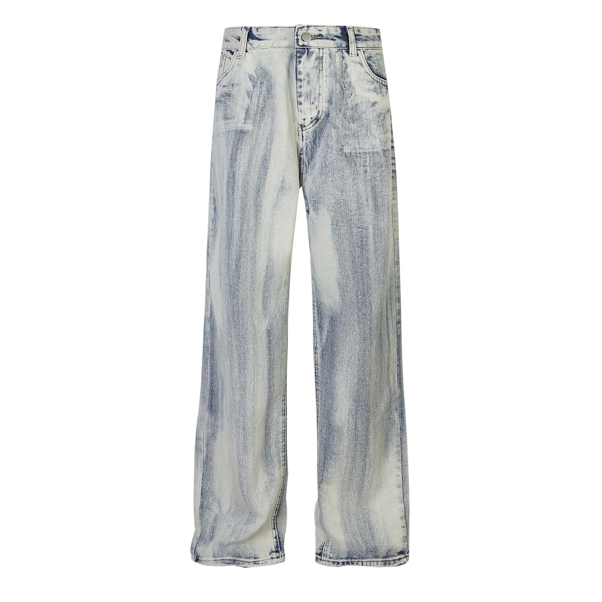 Customized Stonewashed Patchwork Denim Wide Leg Straight Baggy Street Style Fashion Blue Jeans for Men