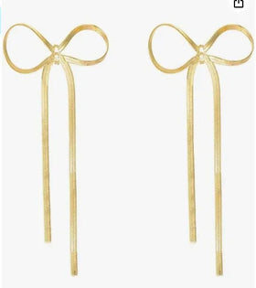 Statement Ribbon Fringe Waterfall Dangling Wedding Gold Bow Earrings Long Chain Bow Dangle Drop Tassel Earrings for Women Girls