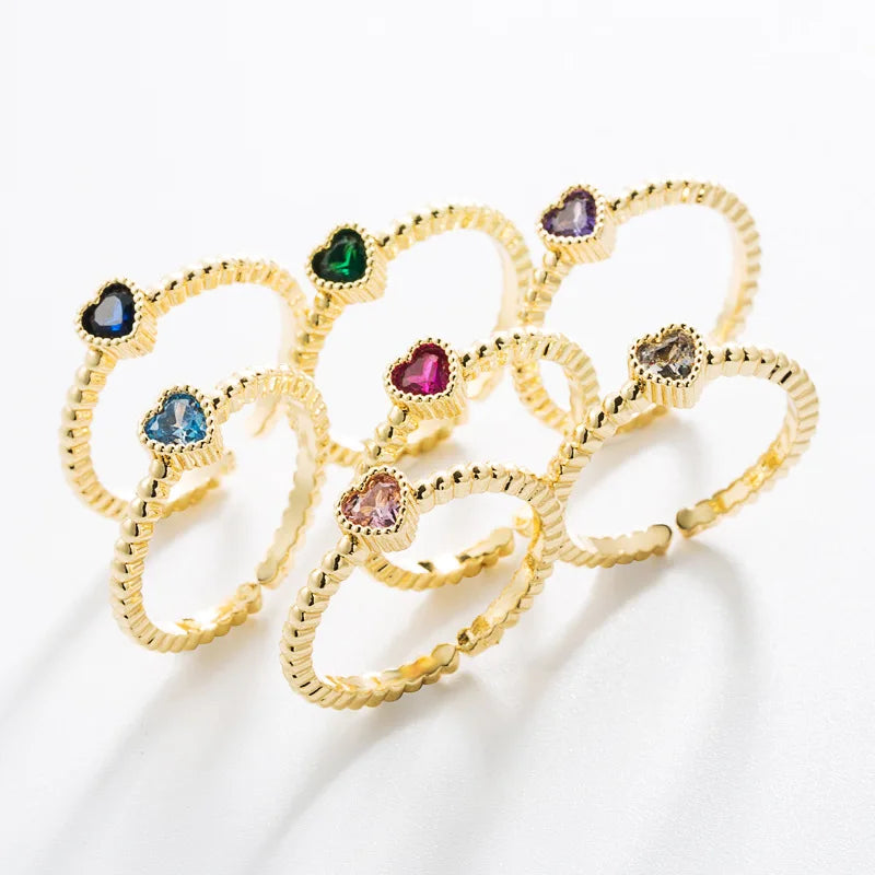 7 Colors 18K Gold Plated Love Heart Cut Rhinestone Diamond Open Finger Ring Cubic Zirconia Heart Adjustable Ring for Women