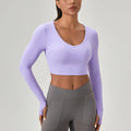 Women's Compression Long Sleeve V-Neck Yoga Crop Top Stretchy Hollow Back Design Active Fitness Apparel