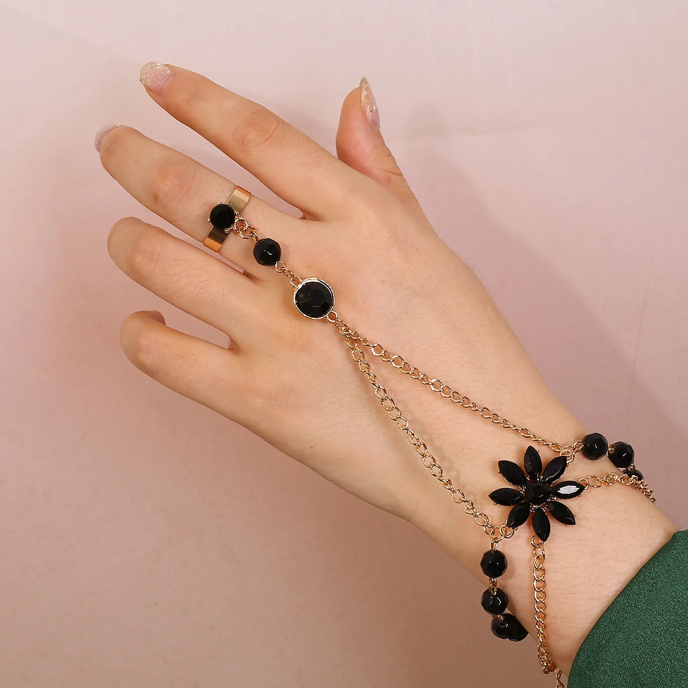 Korean Black Flower Bracelet Fashion Durable Finger Bracelet Individual Creativity Bracelet Integrated Ring