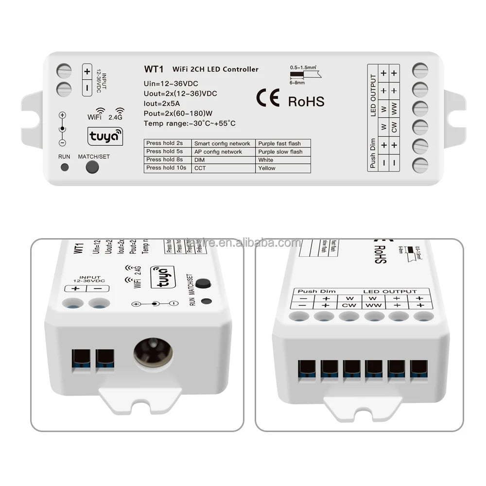 WT1 2CH 5A/CH 12-36VDC WiFi RF CV WT1 Tuya App Push Dim Controller for Control Single Color & Color Temperature LED Strip