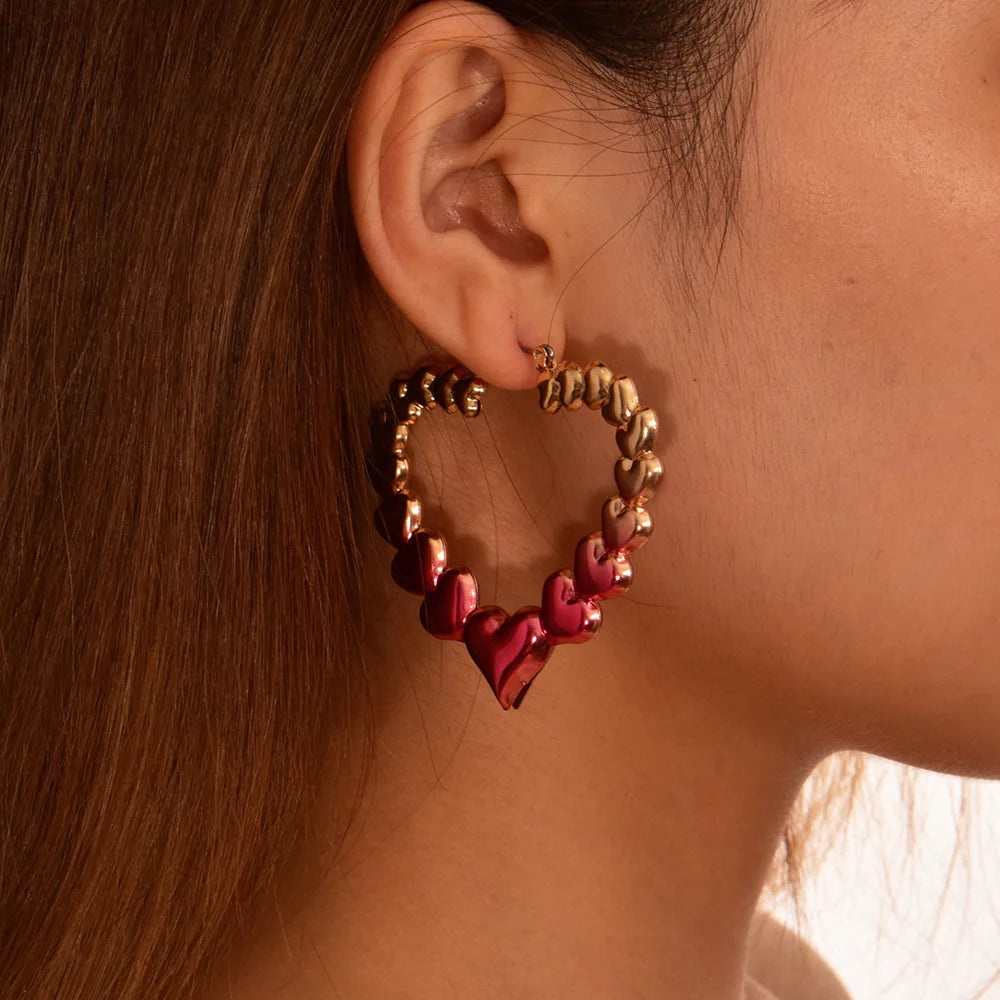 Fashion New Arrival Cute pink Heart Gradient Hoop Earrings Statement Bamboo Earrings Personality Big Earrings Jewelry for Women