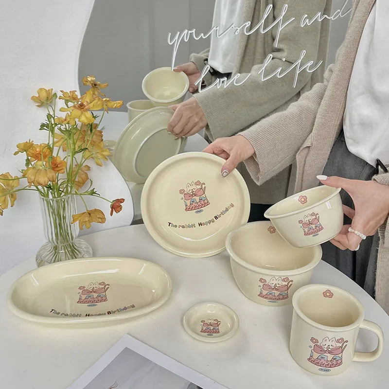 Korea Ins Cake Rabbit Cream Tableware Set High Value Plate Home Mug Set