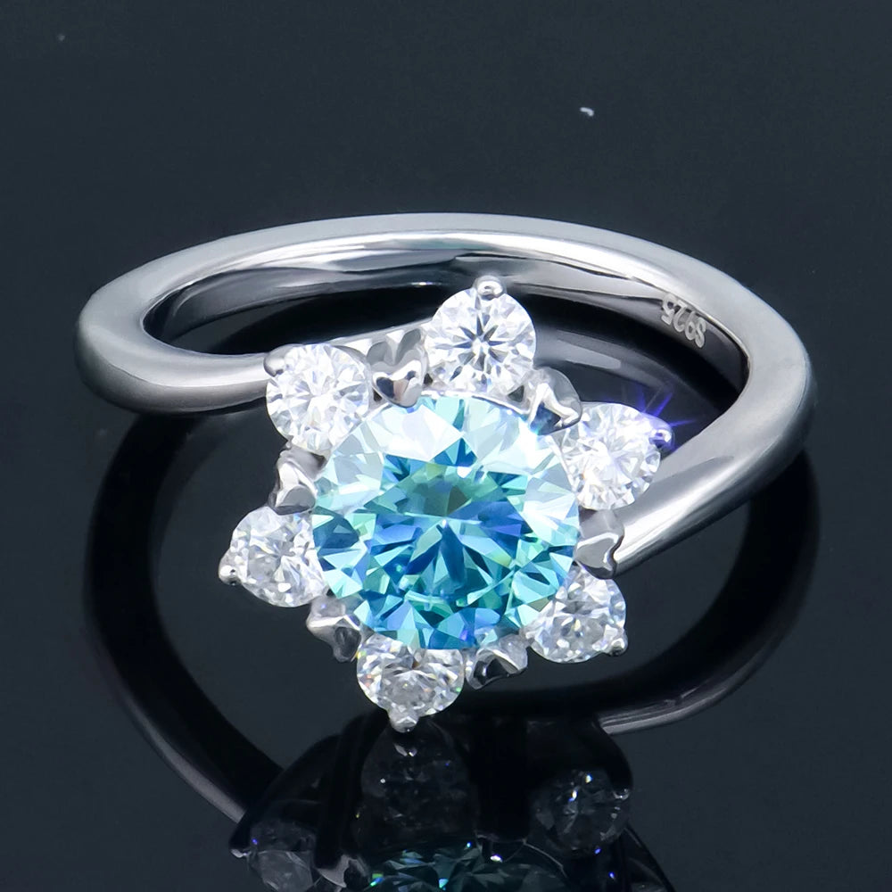 2024 New 1ct Gra Certified 925 Silver Engagement Six Claws Vvs Light Blue Mossanite Moissanite Diamond Flower Cluster Ring
