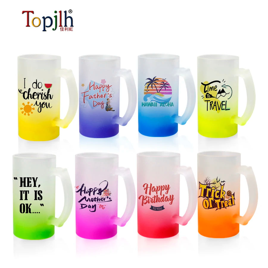 Topjlh Sublimation Colored Ground Glass Coffee Mug Cup 16oz Gradient Color Bottom Glass Frosted Beer Mugs for Beer Use