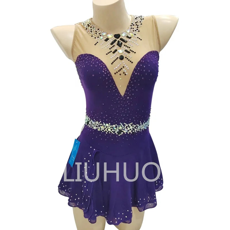 Customized Children's Luxury Figure Skating Dress Purple Competition Dance Skirt Ballroom Manufactured Professional Skater