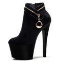 17 cm Black Suede Zipper Decorative Personalized High Heels Lace-Up Closure Thick Soled Banquet & Club Shoes for Autumn Season