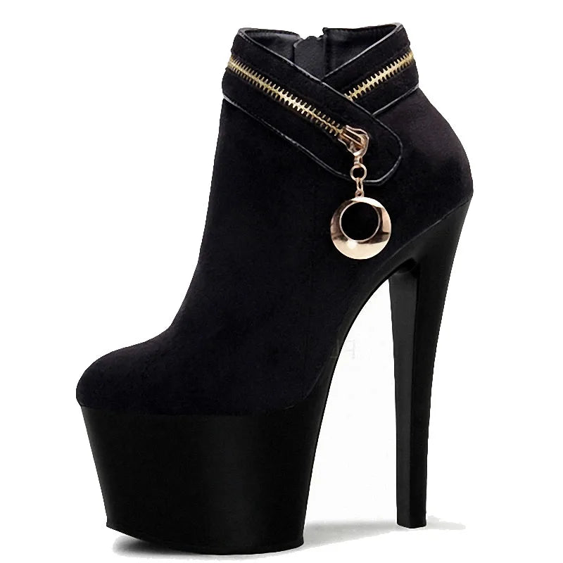 17 cm Black Suede Zipper Decorative Personalized High Heels Lace-Up Closure Thick Soled Banquet & Club Shoes for Autumn Season