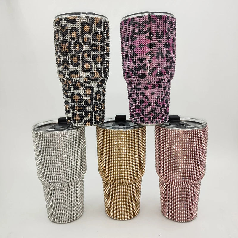 BPA Free Rhinestone Diamond Bling Car Coffee Cup Cyrstal Stainless Steel Insulated 30oz Tumbler With Lid