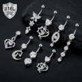 CRYSPURE 316L Surgical Stainless Steel AAA Zircon Dangle 14G Belly Button Ring Butterfly Heart Navel Body Piercing Jewelry Women
