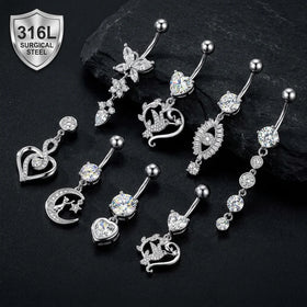 CRYSPURE 316L Surgical Stainless Steel AAA Zircon Dangle 14G Belly Button Ring Butterfly Heart Navel Body Piercing Jewelry Women