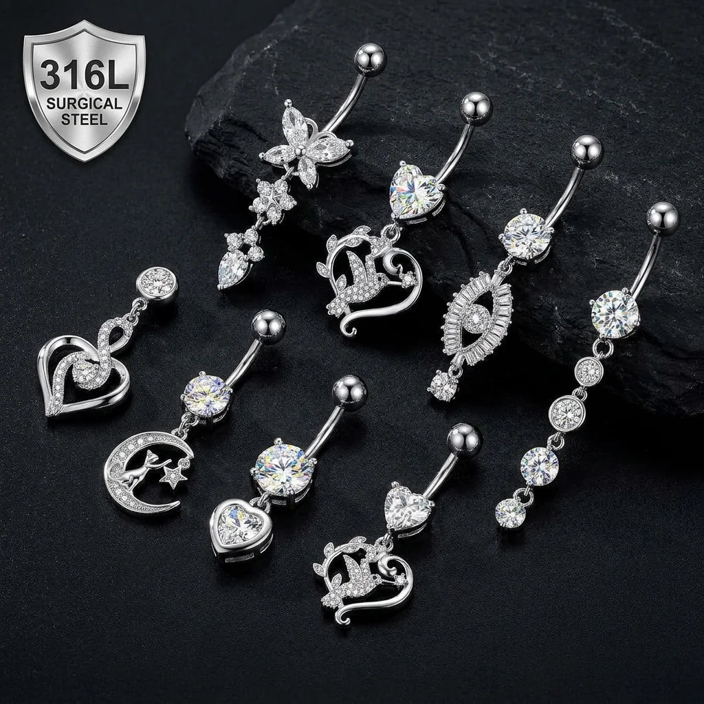 CRYSPURE 316L Surgical Stainless Steel AAA Zircon Dangle 14G Belly Button Ring Butterfly Heart Navel Body Piercing Jewelry Women