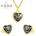 Ason Fashion Heart Shape Colored and Black Flower Stones Pendant Necklace and Stud Earrings Set Stainless Steel Love Jewelry Set