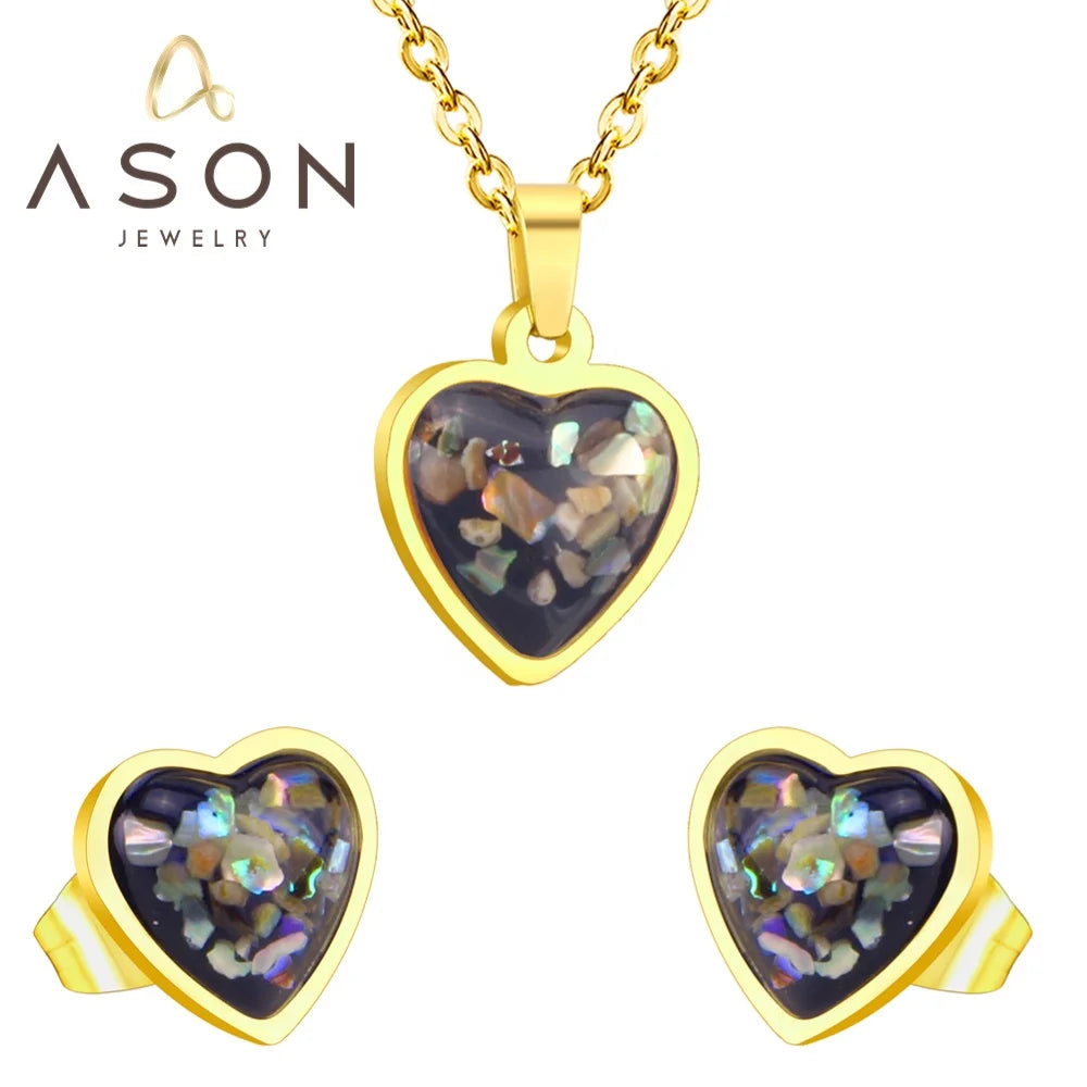 Ason Fashion Heart Shape Colored and Black Flower Stones Pendant Necklace and Stud Earrings Set Stainless Steel Love Jewelry Set