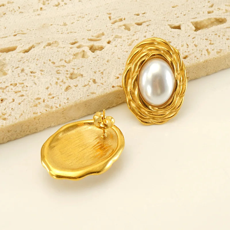 Stud Vintage Chunky Creoles Acier Inoxydable Stainless Steel 18k Gold Plated Oval Pearl Fashion Jewelry Earrings for Women
