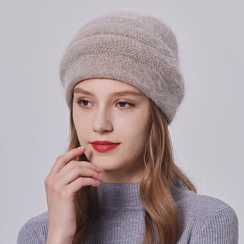 Winter Angora Wool Knitted Beanie for Elegant Ladies Custom Warm Skull Hats With Pearls Middle-Aged Women Rabbit Wool Hats