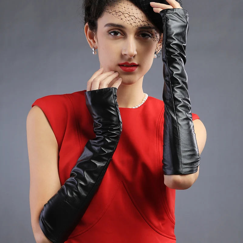Fashion Ladies Long Gloves Half Finger Arm Length Sheepskin Leather Gloves