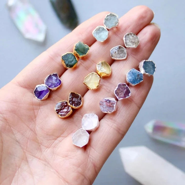 Raw Birthstone Stud Earrings Gold Crystal Natural Stone Post Earrings Studs for Women Gift
