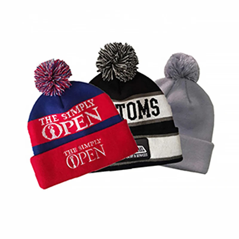Knitted Cuff Sports Toque Embroidered Winter Bobble Beanie Hats MOQ 10pcs 100% Acrylic Free Sample Adult Unisex Character CN;JIA