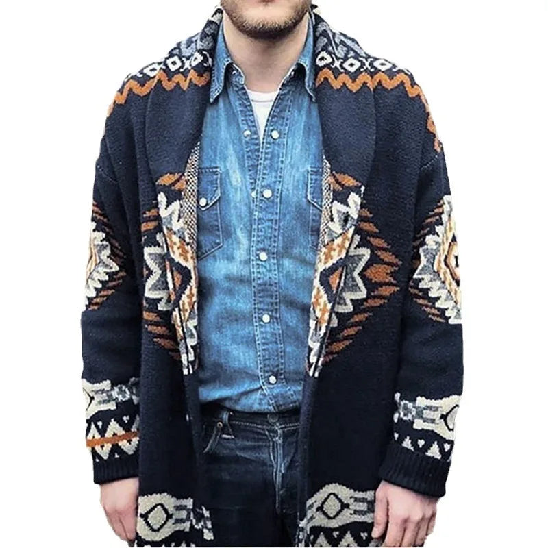 Winter Men Aztec Tribe Style Plus Size Male Warm Knitted Cardigan Jacket Outerwear Long Sleeve Sweaters Jumpers