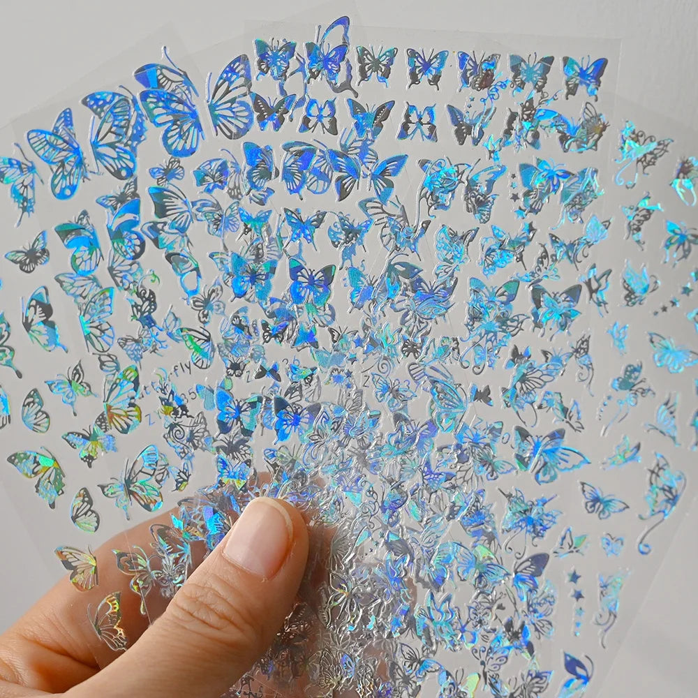 Laser Butterfly Stickers for Nails Holographic Laser Gold Silver Adhesive Butterfly Sliders 3D Nail Art Decal Decoration