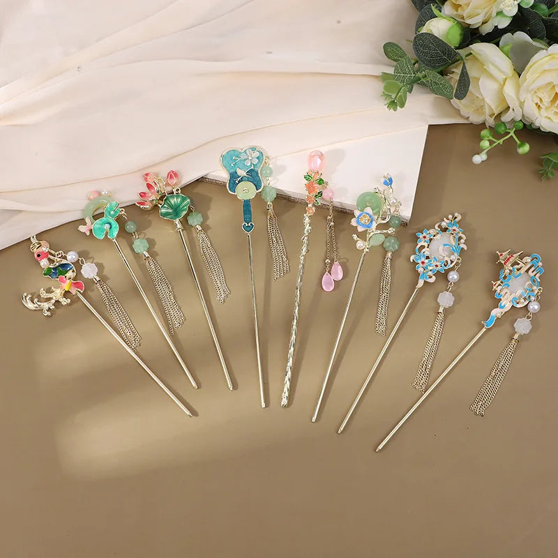 Ancient Style Hairpin Hanfu Headdress Step-Shaking Tassel Hairpin Flower Fringe Step Shake Ancient Hair Chopsticks Pin Bun Stick