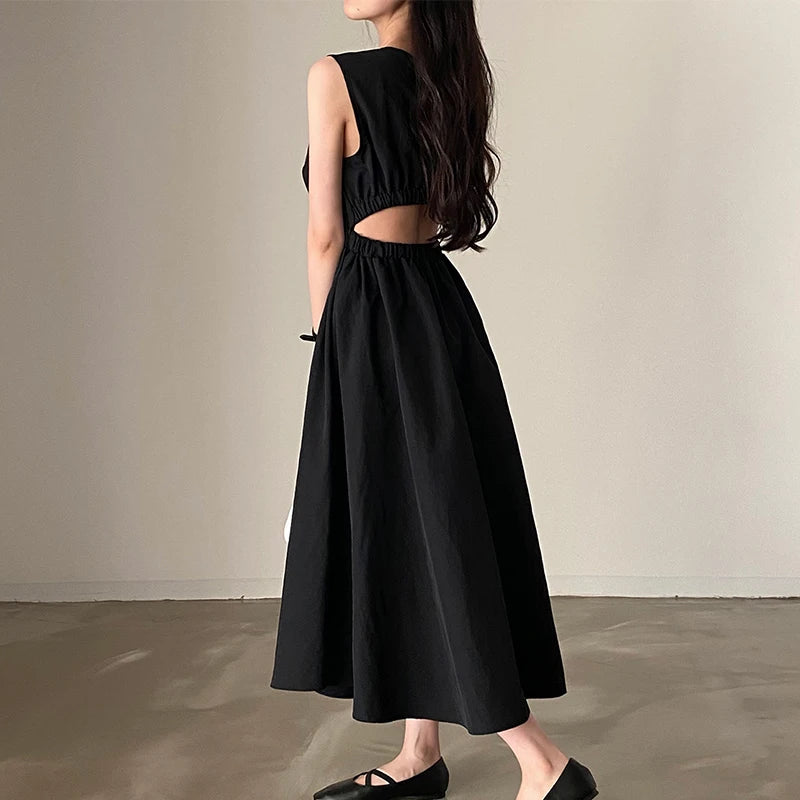 Wholesale 2026 Korean Chic Summer Vintage Style Round-neck Back Hollow-out Open Waist Waist Show Thin Sleeveless Vest Dress
