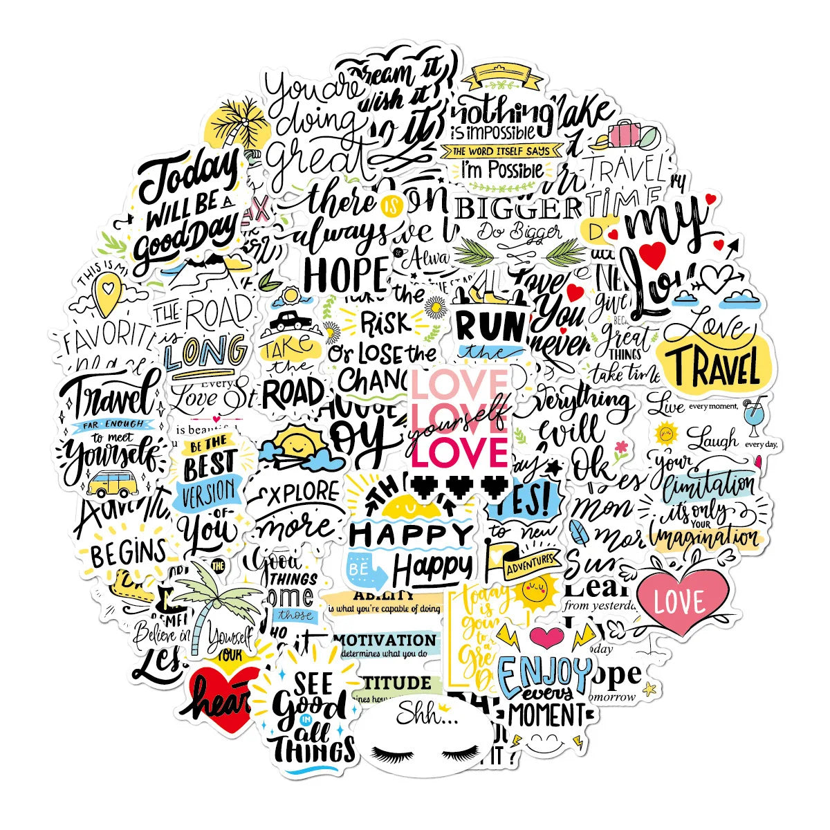 50pcs Cute Inspirational English Letter Stickers Vinyl Decals Waterproof Water Bottle Skateboard Laptop Luggage Sticker