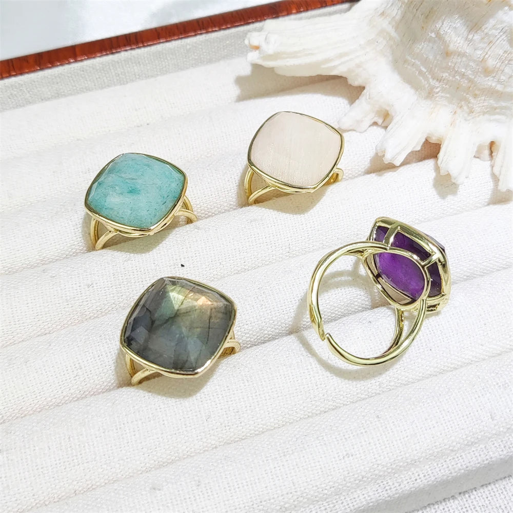 Cushion Cut Natural Crystal Gemstone Ring Amazonite Amethyst Labradorite Bezel Setting Adjustable Faceted Stone Jewelry