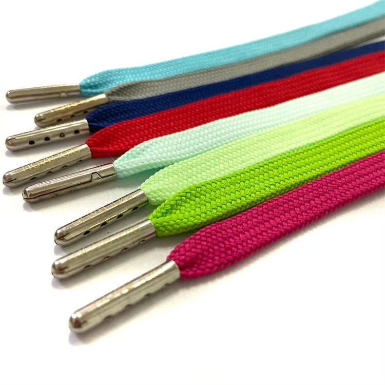 Hotsale Colorful 1cm 100% Polyester Flat Braid Drawstring With Laser Print Metal Tipping