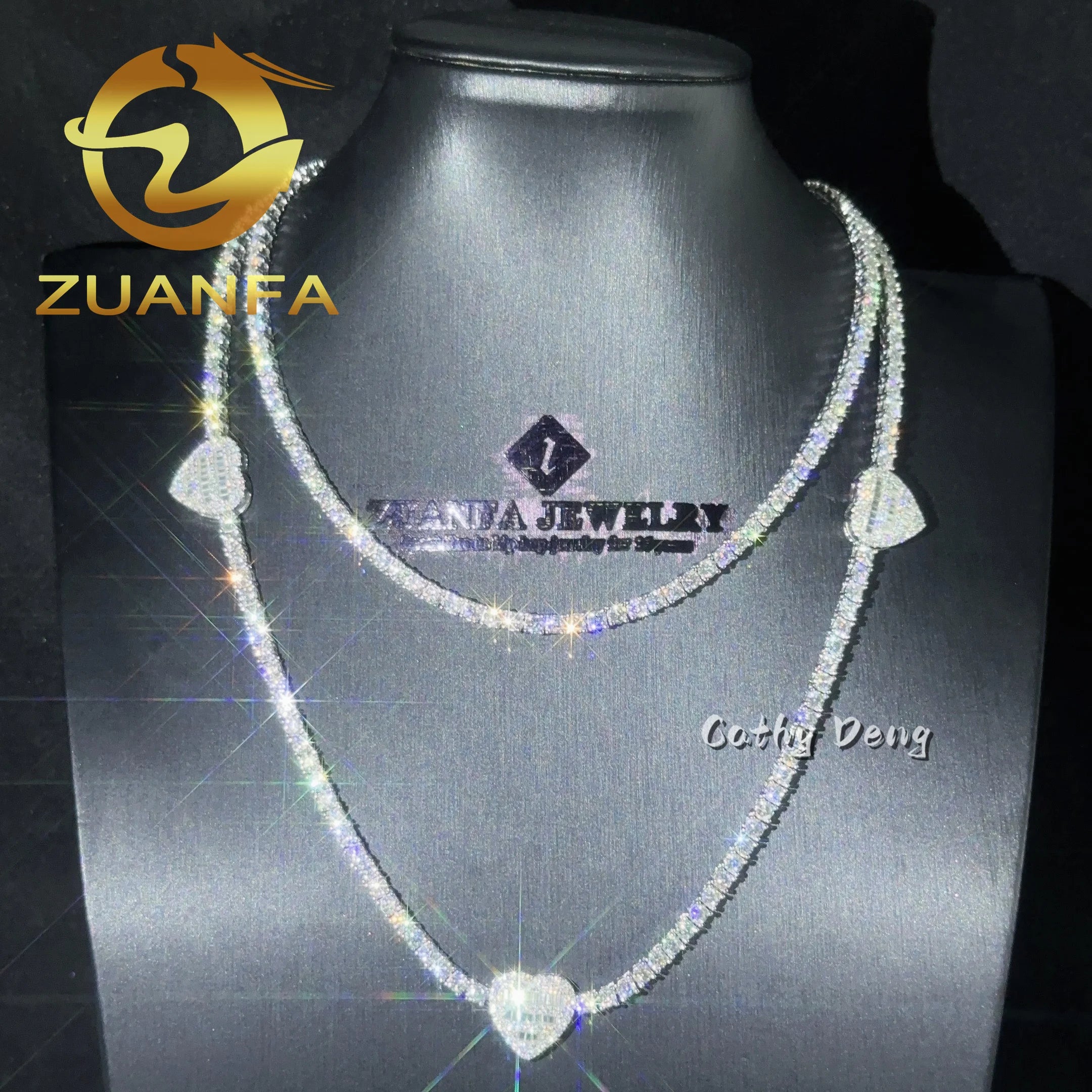 Fashion Jewelry 3mm Moissanite Tennis Chain 3 Heart Design 925 Sterling Silver Hip Hop Tennis Necklace for Women Men Pass Test