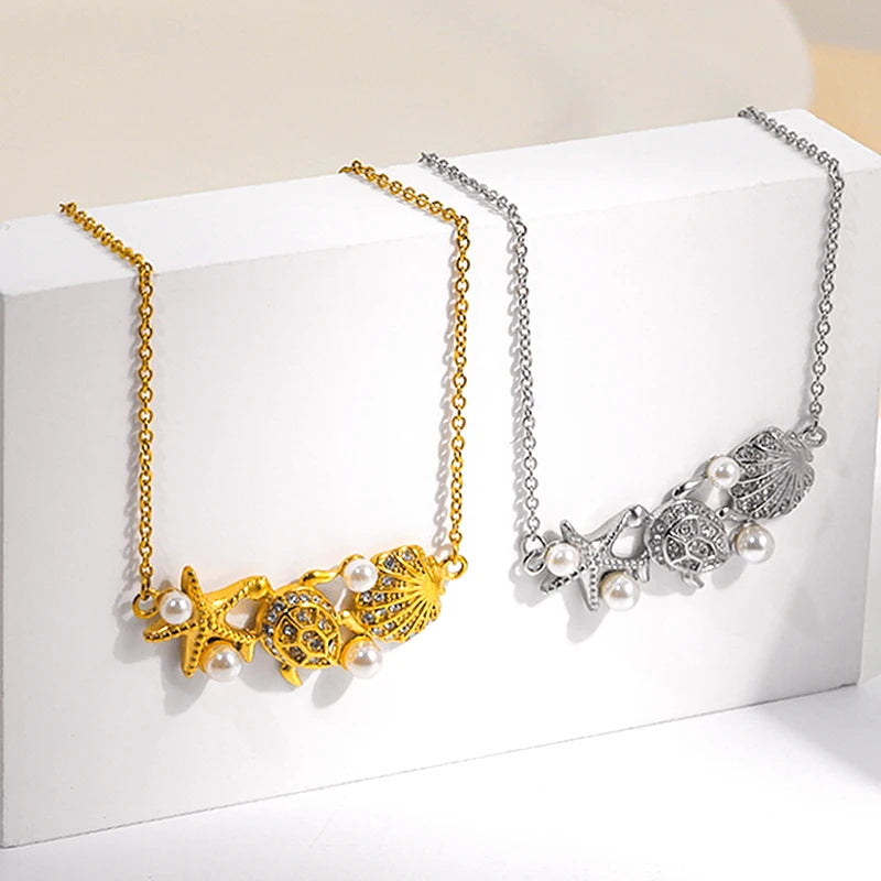 JUSNOVA Fashion Jewelry Necklaces Conch Starfish Stainless Steel Clavicle Layered Chain Freshwater Shell Necklace