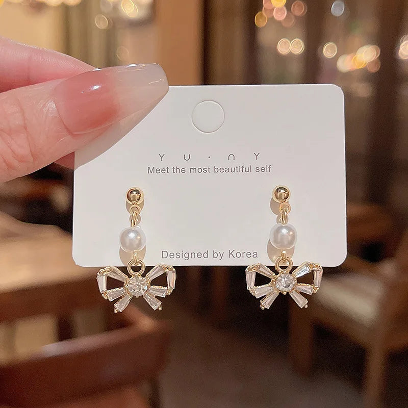 Fashion Zircon Circle Imitation Pearl Bow Earrings Female Jewelry Wholesale Rhinestone Earring