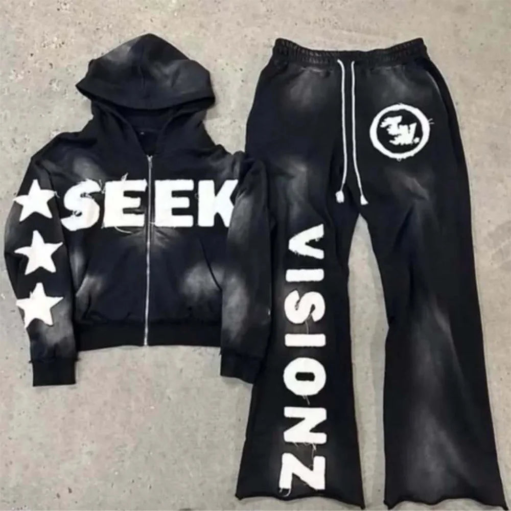 DCY 2025 Trending Product Sun Faded Washed Hoodie Sets BlankMens Zip up Tracksuit Acid WashFaded Cropped Boxy Tracksuit