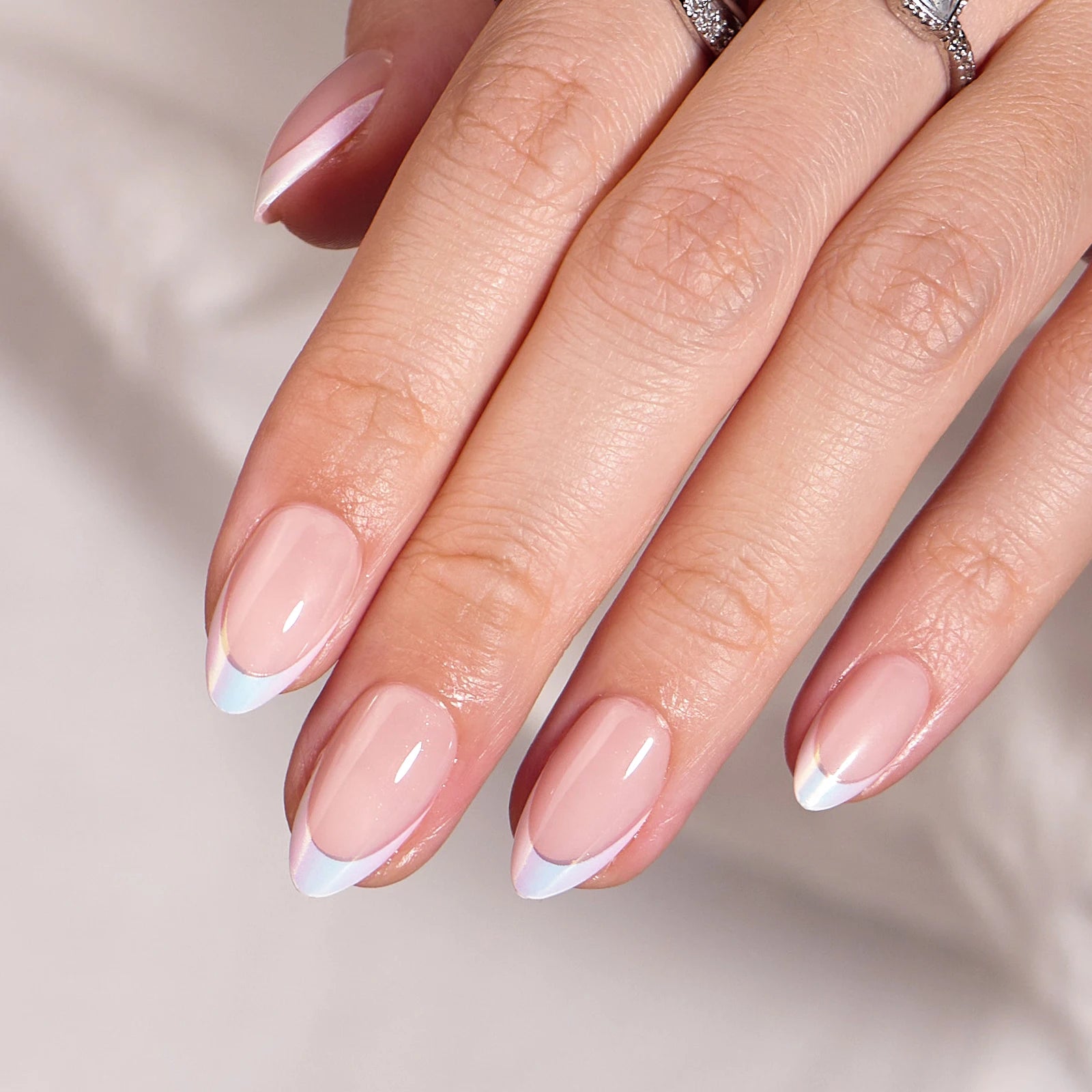 BTArtbox Short Almond Artificial Fingernails Soft Gel Laser French Tip Press on Nails Wholesale Handmade Fake False Nails Set