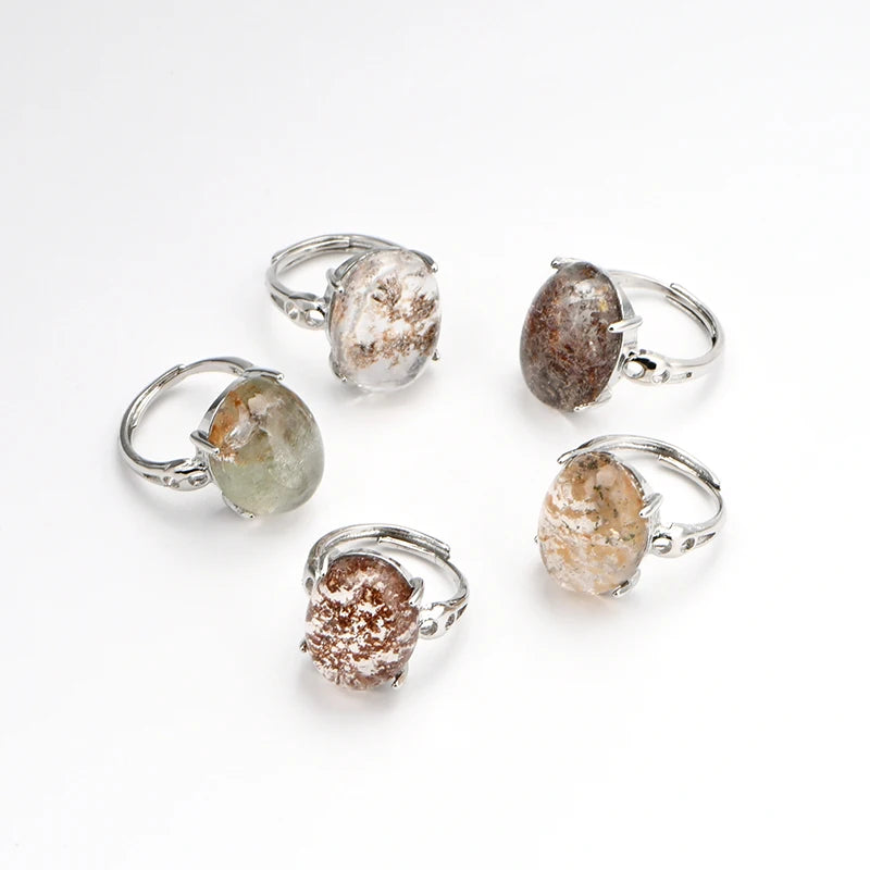 Oval Crystal Stone Adjustable Ring Natural Cheap Green Phantom Crystal Stone Ring