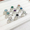 Adjustable Women's Natural Stone Ring Colorful Black Obsidian Amethyst Sunstone Rose Quartz Delicate Silver Bezel Setting Inlay